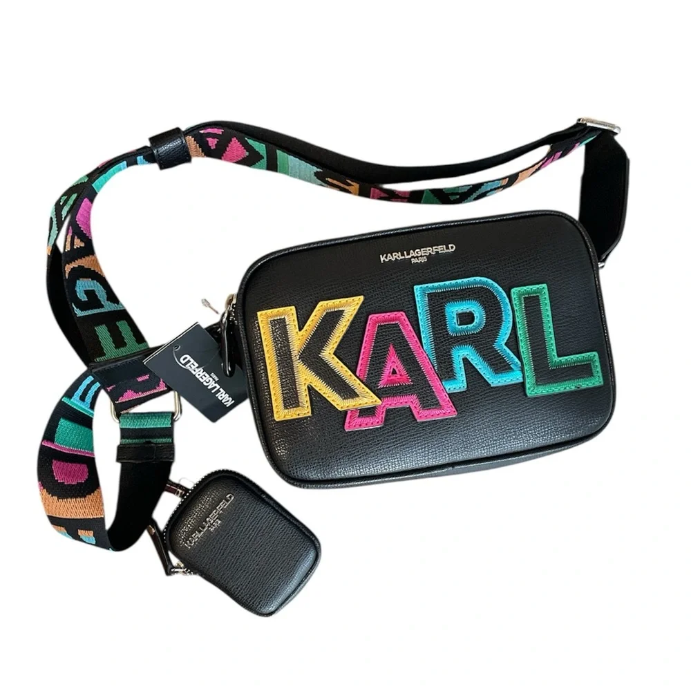 Karl Lagerfeld Black Crossbody Bag Multicolor Logo | NWT Designer Purse - Picture 1 of 9